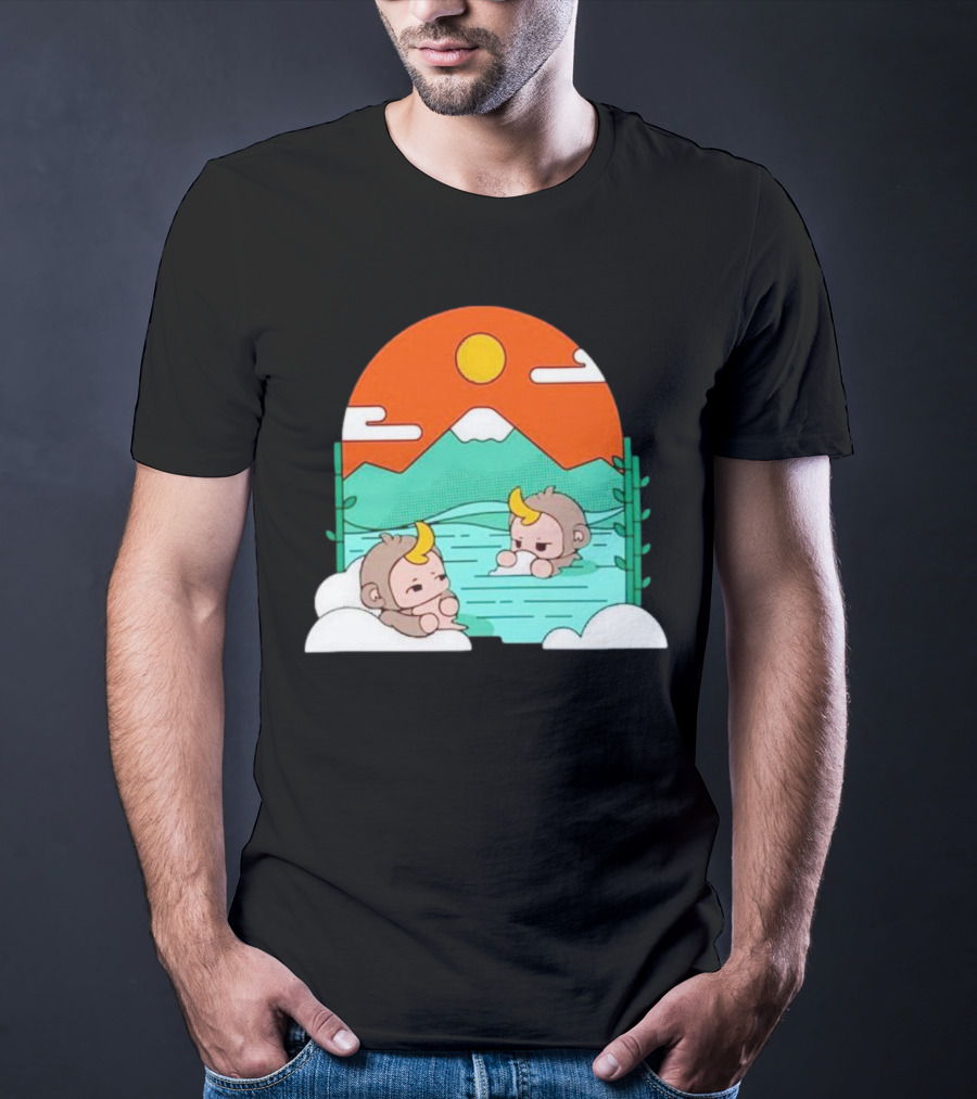 The Tranquil Monkey Hot Spring Relaxation Scene With Mountains And Sun T-Shirt