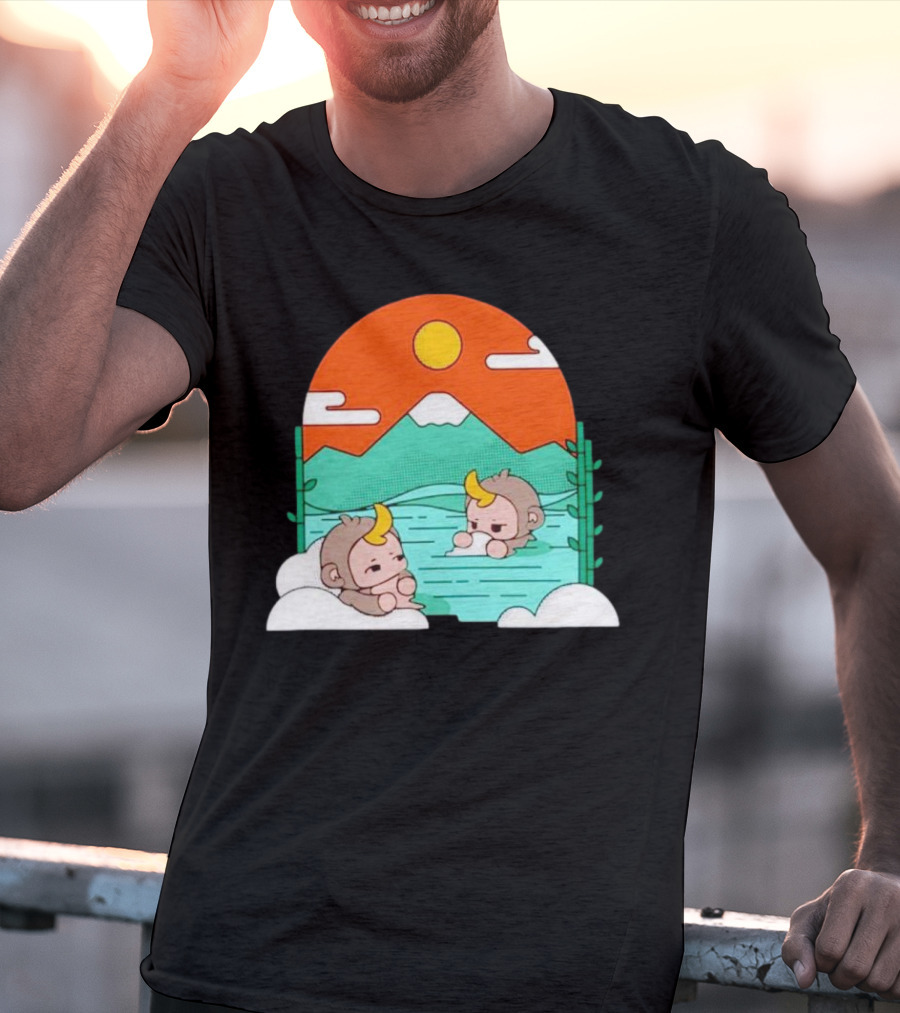 The Tranquil Monkey Hot Spring Relaxation Scene With Mountains And Sun T-Shirt