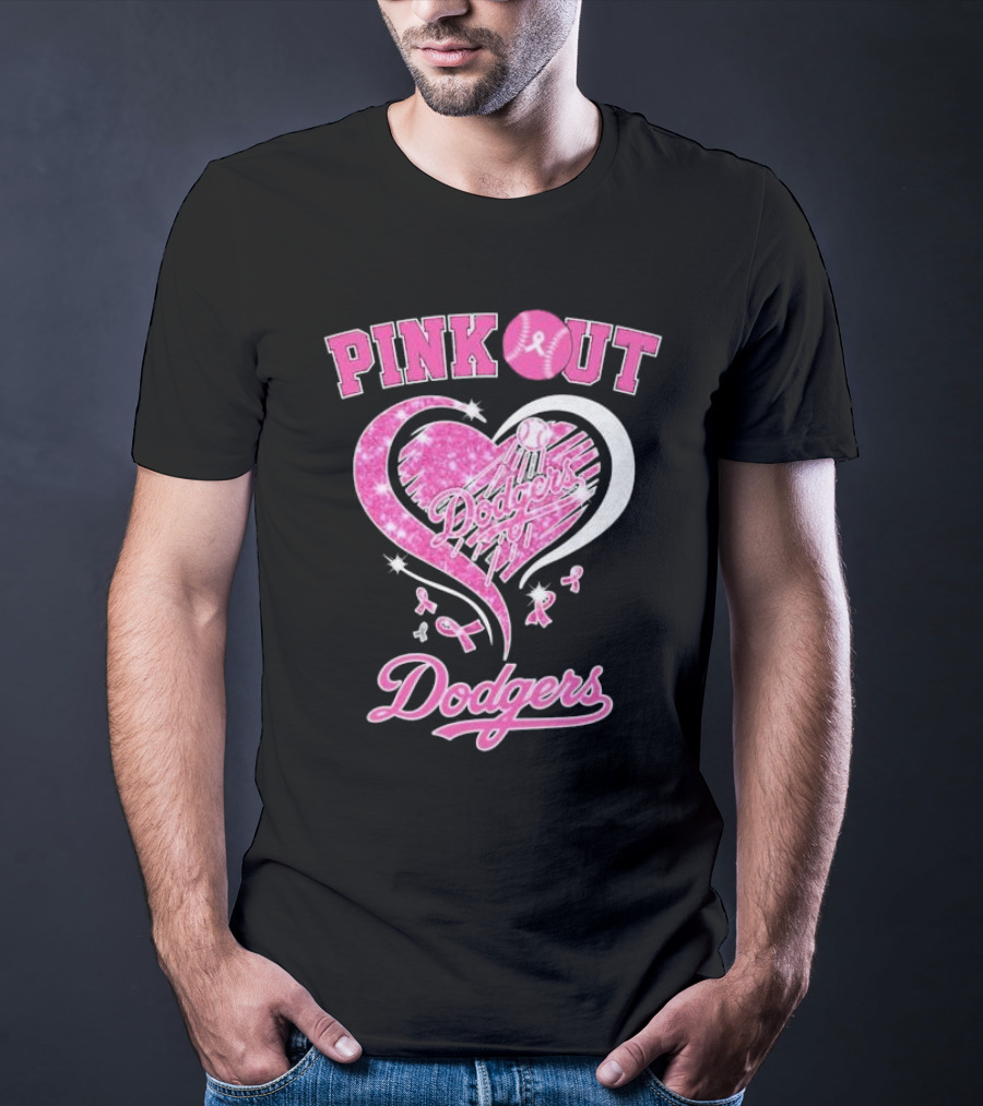 Pink Out Dodgers Heart Breast Cancer Los Angeles T-Shirt
