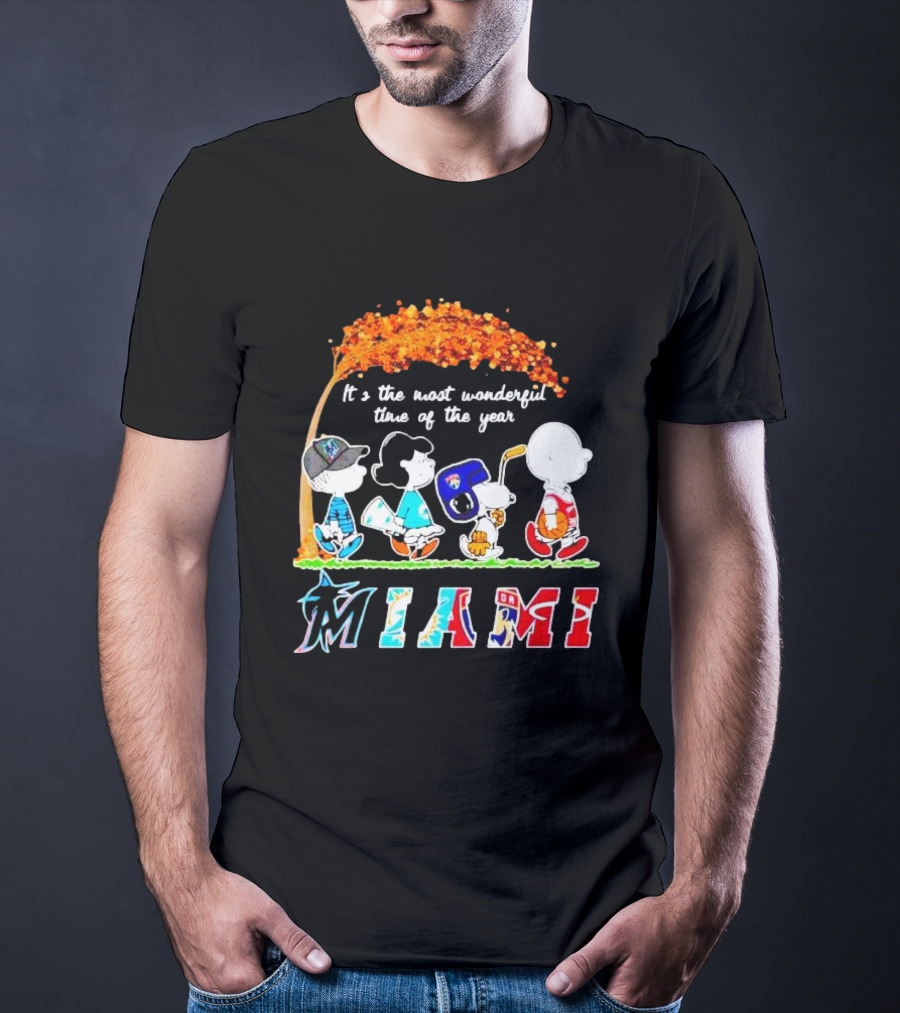 Miami Sports Peanuts Characters Walking Fall It's The Most Wonderful Time Of The Year T-Shirt