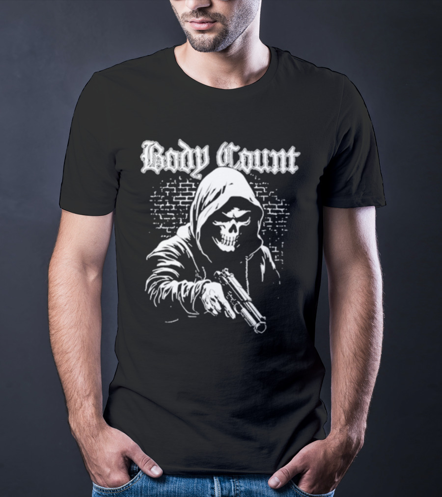 Body Count Hooded Skull With Gun Brick Wall Background T-Shirt