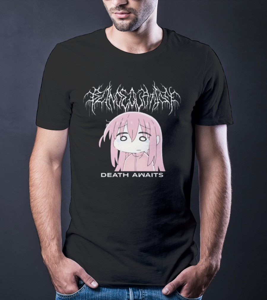 Bejalvin Death Awaits Pink Anime Character With Metal Band Style Lettering T-Shirt