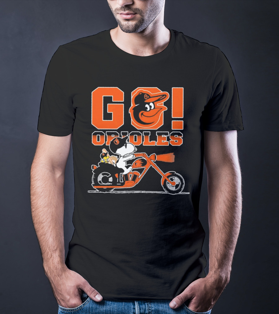 Baltimore Orioles Snoopy And Woodstock Ride Motorcycle Go Orioles T-Shirt