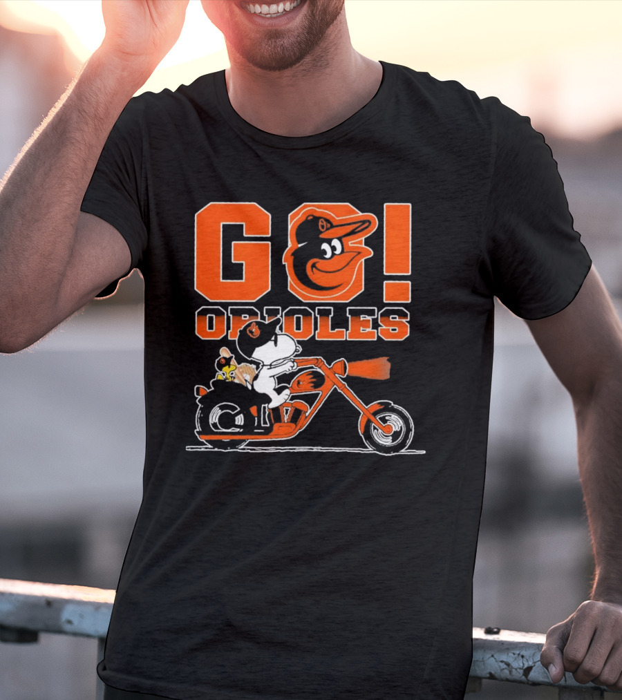 Baltimore Orioles Snoopy And Woodstock Ride Motorcycle Go Orioles T-Shirt