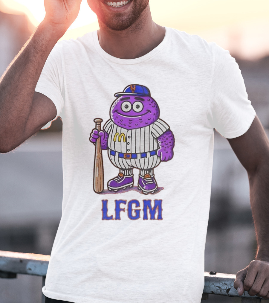 LFGM New York Mets Grimace Cartoon Baseball Bat Character T-Shirt