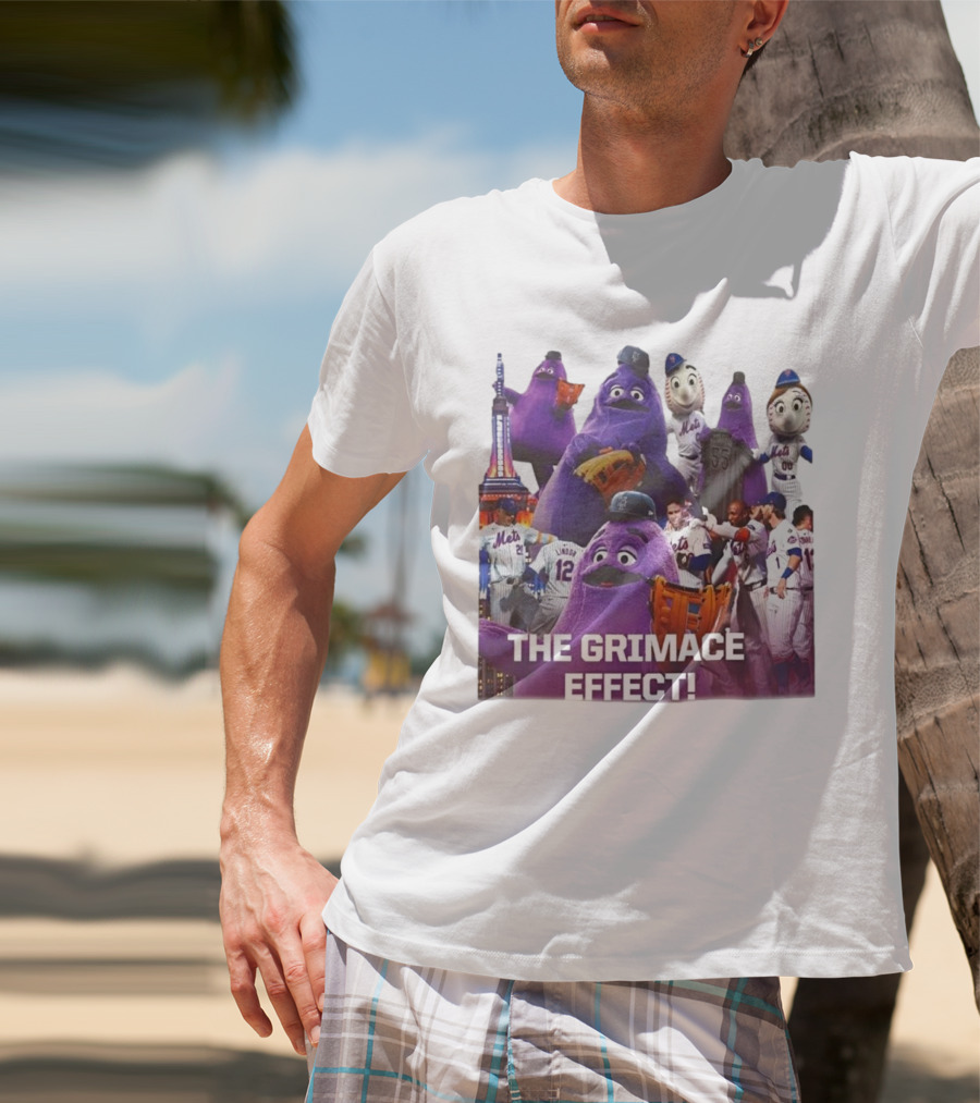New York Mets The Grimace Effect Baseball Collaboration With Mascot Imagery And Player Interaction T-Shirt