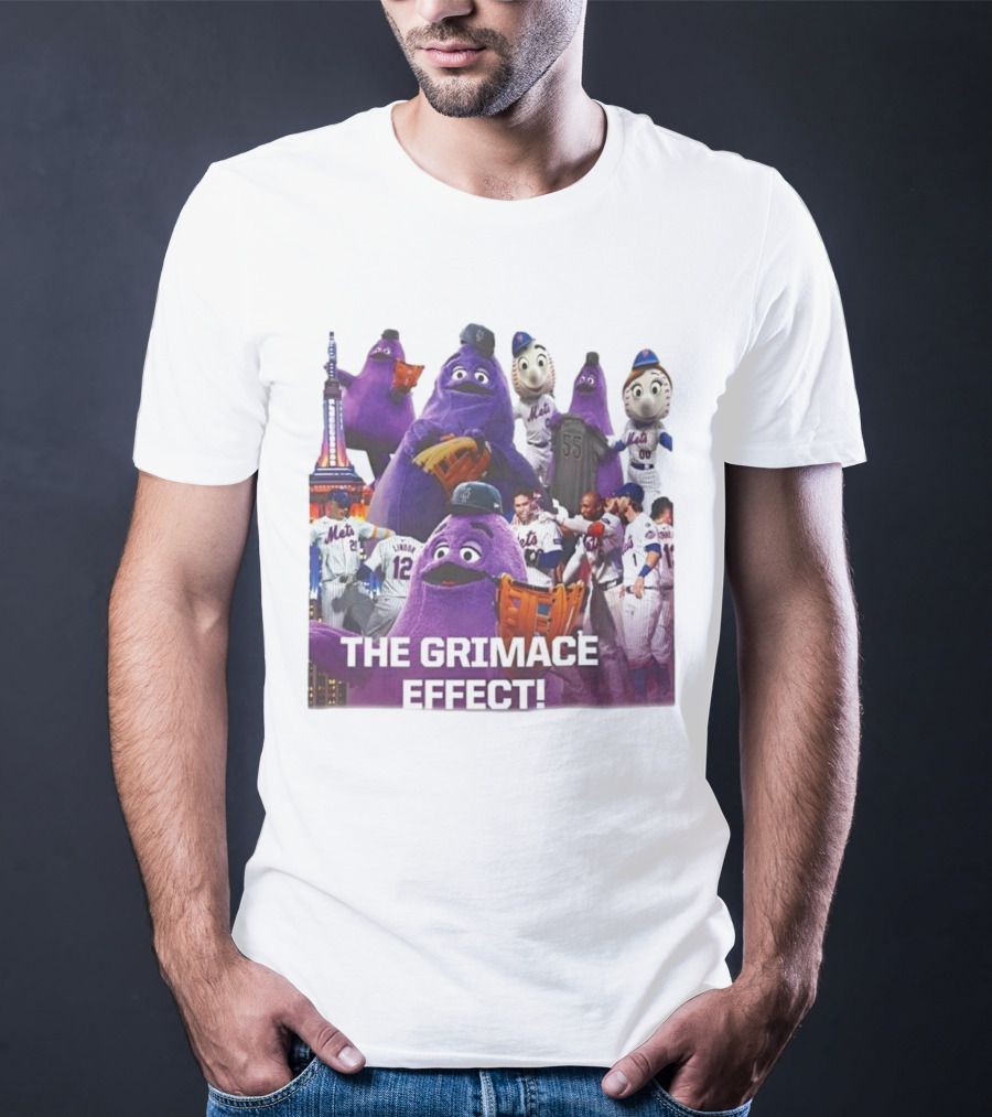 New York Mets The Grimace Effect Baseball Collaboration With Mascot Imagery And Player Interaction T-Shirt
