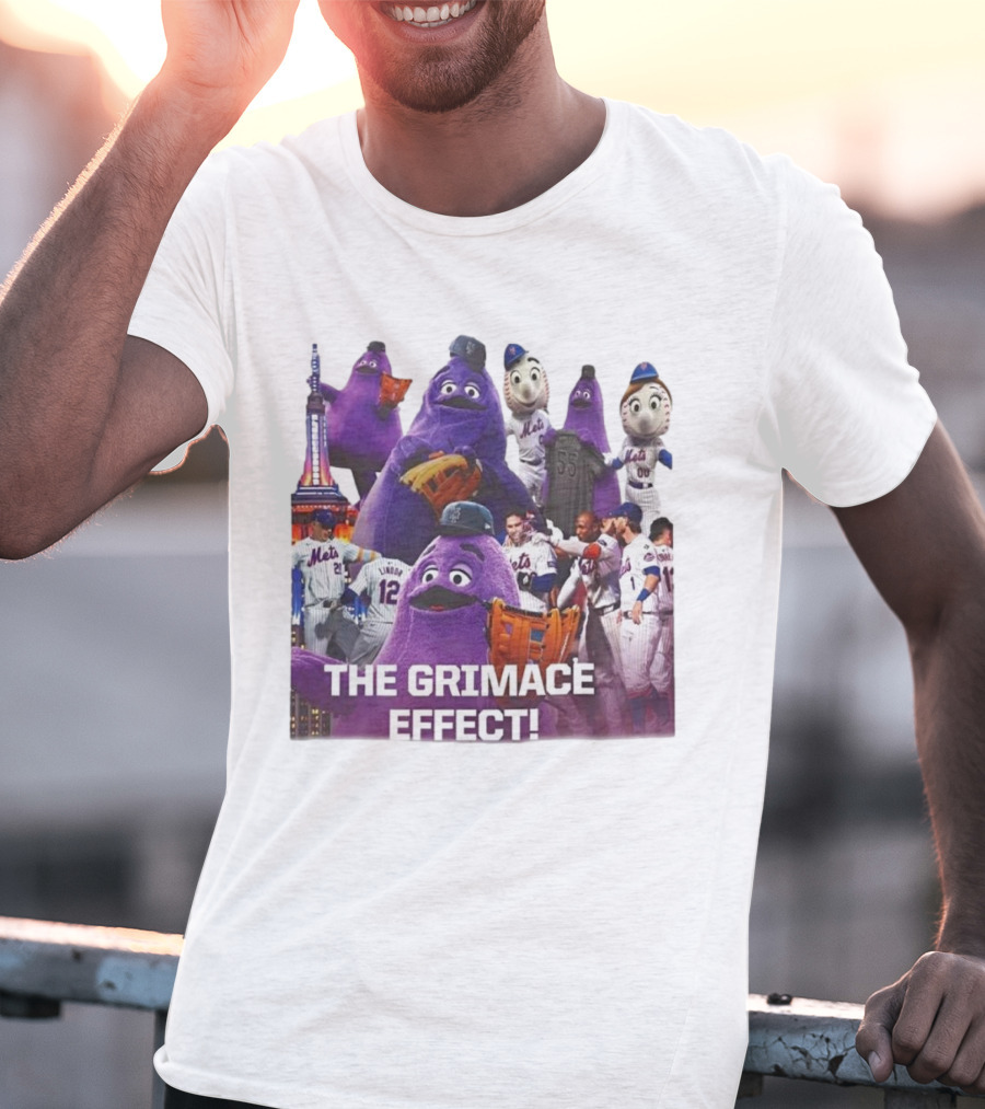 New York Mets The Grimace Effect Baseball Collaboration With Mascot Imagery And Player Interaction T-Shirt