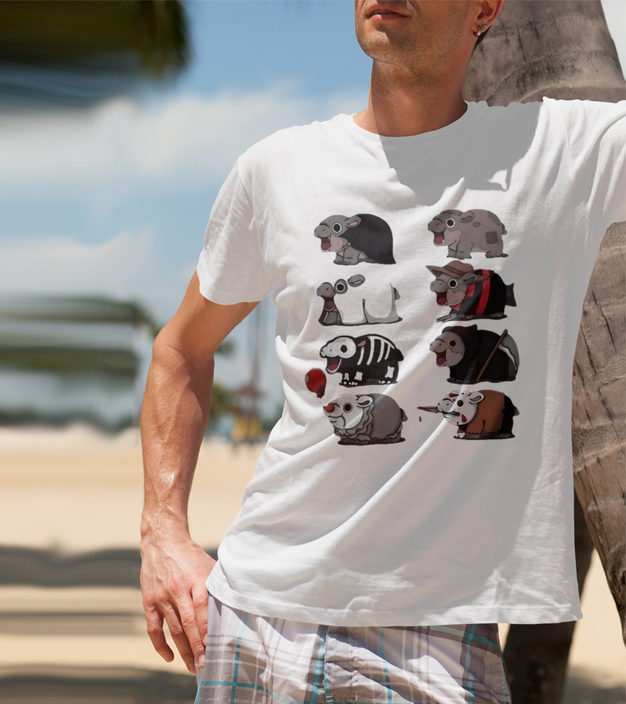 Scary Hippo Moo Deng In Horror Iconic Film Characters T-Shirt