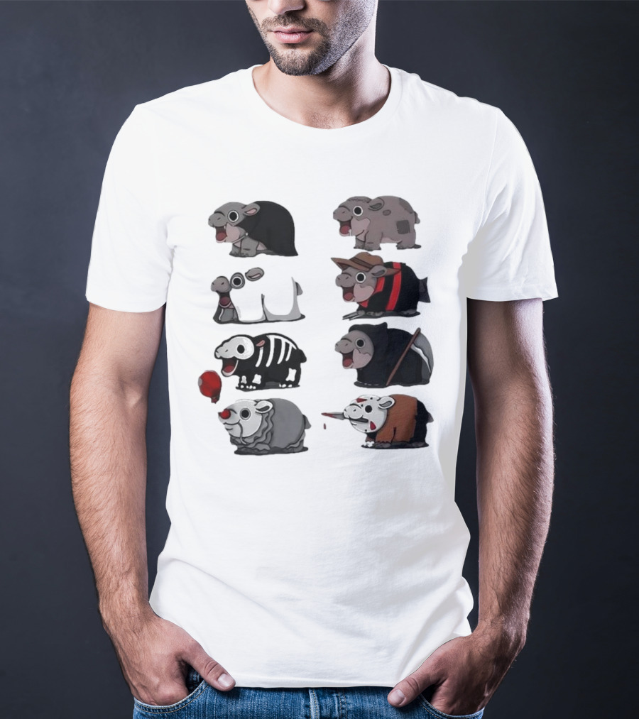 Scary Hippo Moo Deng In Horror Iconic Film Characters T-Shirt