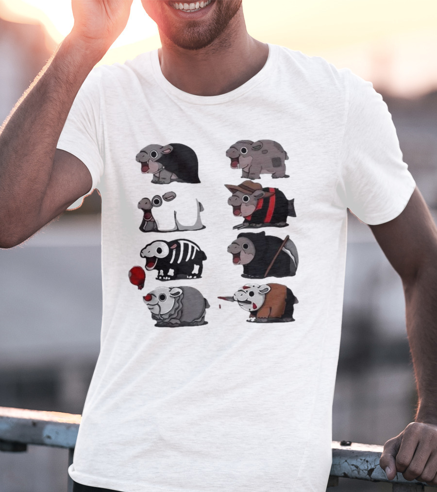 Scary Hippo Moo Deng In Horror Iconic Film Characters T-Shirt