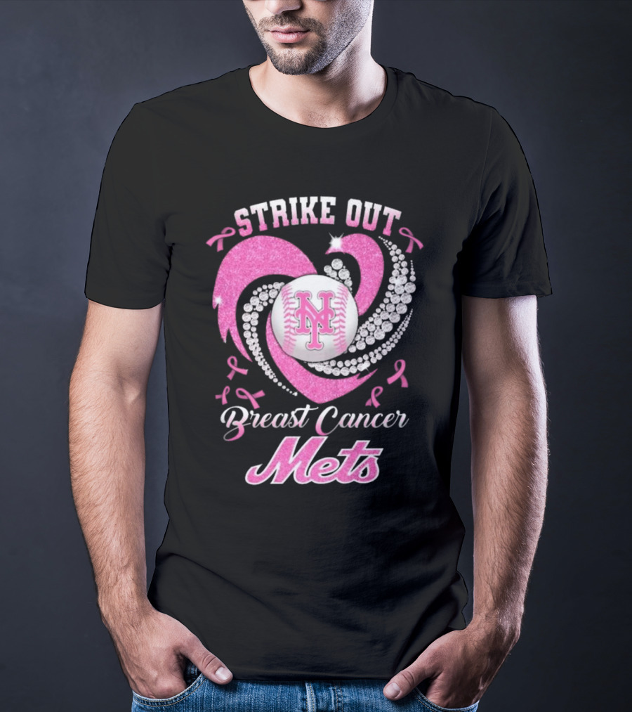 Strike Out Breast Cancer Mets Heart Diamond New York Mets T-Shirt