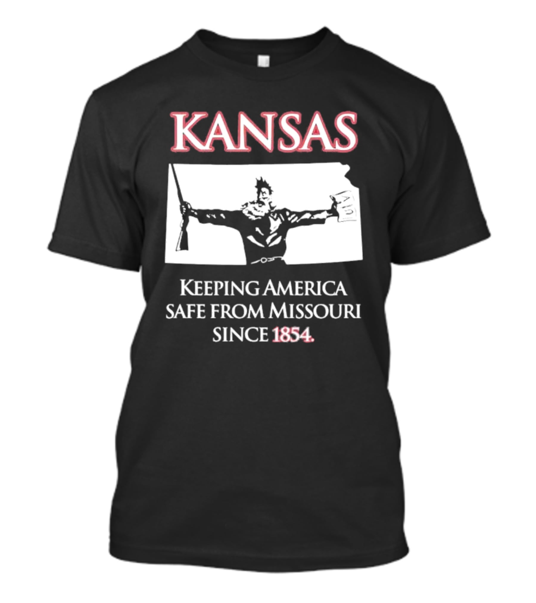 Kansas Keeping America Safe From Missouri Since 1854 Black Shirt With Armed Figure Holding Map And Gun T-Shirt