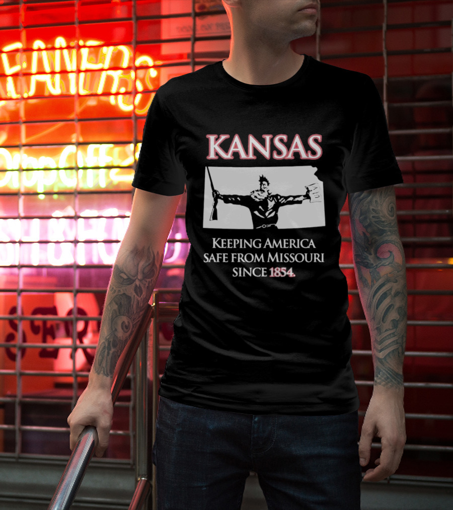 Kansas Keeping America Safe From Missouri Since 1854 Black Shirt With Armed Figure Holding Map And Gun T-Shirt