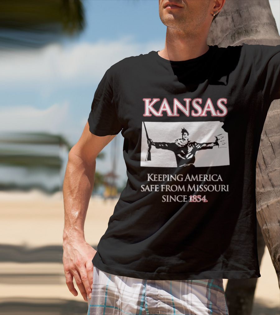 Kansas Keeping America Safe From Missouri Since 1854 Black Shirt With Armed Figure Holding Map And Gun T-Shirt