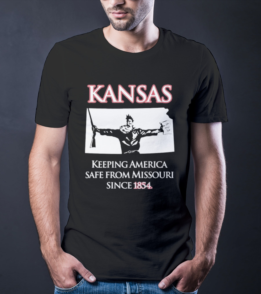 Kansas Keeping America Safe From Missouri Since 1854 Black Shirt With Armed Figure Holding Map And Gun T-Shirt