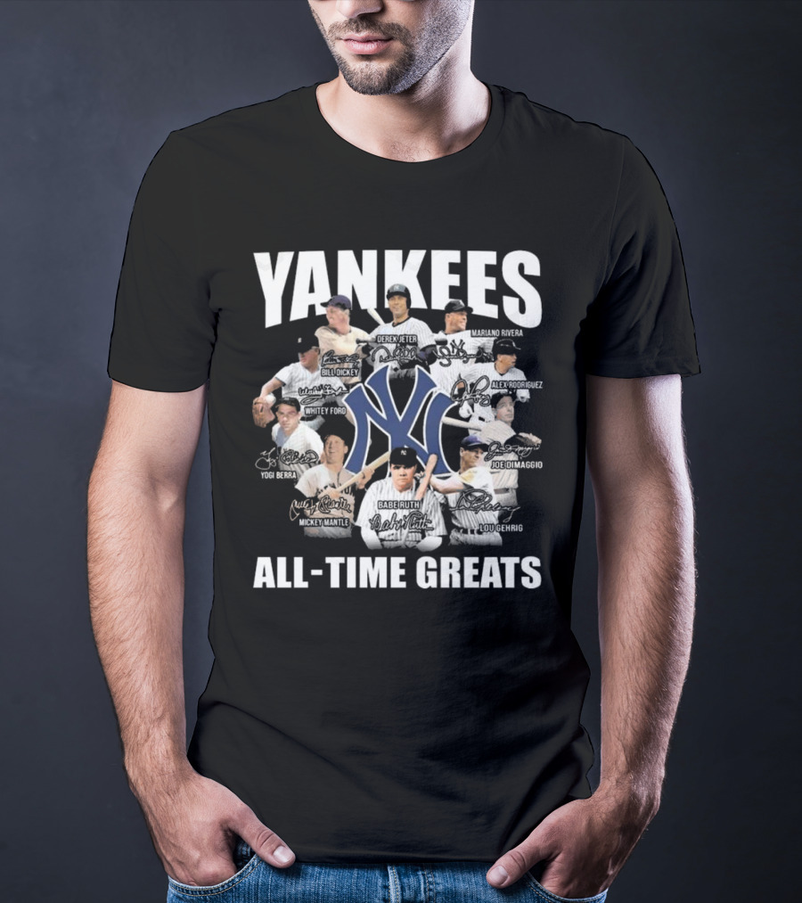 Yankees All-Time Greats Signature Celebrating Derek Jeter Babe Ruth Lou Gehrig Mariano Rivera Mickey Mantle T-Shirt