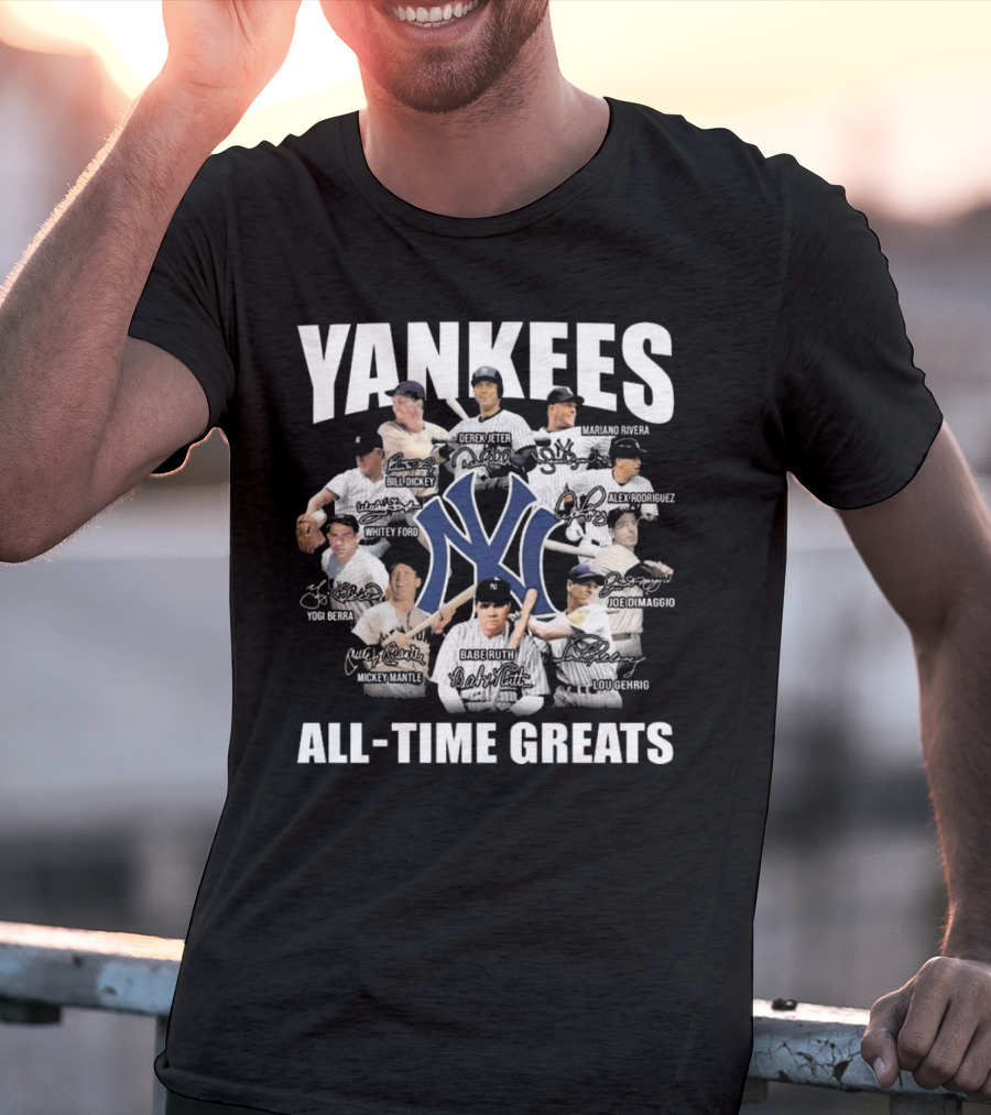 Yankees All-Time Greats Signature Celebrating Derek Jeter Babe Ruth Lou Gehrig Mariano Rivera Mickey Mantle T-Shirt
