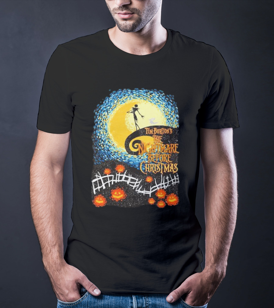 Tim Burton's The Nightmare Before Christmas Starry Night Vintage Pumpkin Fence T-Shirt