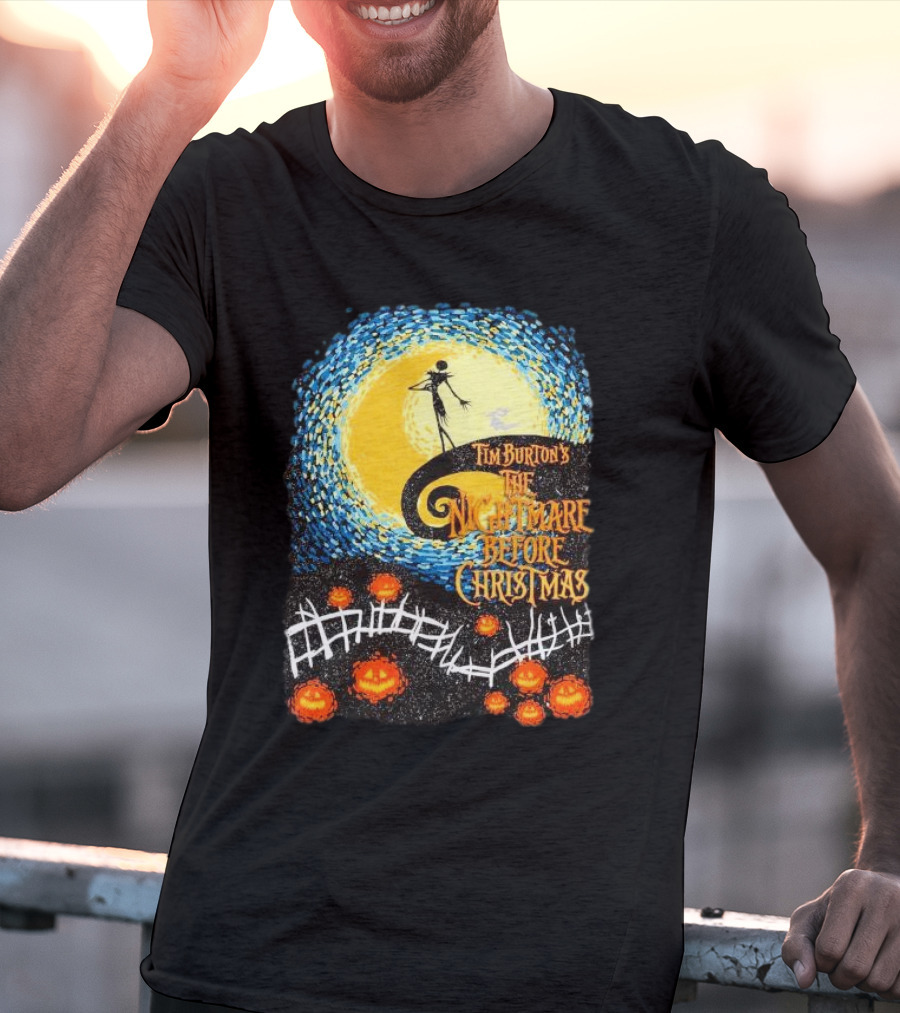 Tim Burton's The Nightmare Before Christmas Starry Night Vintage Pumpkin Fence T-Shirt