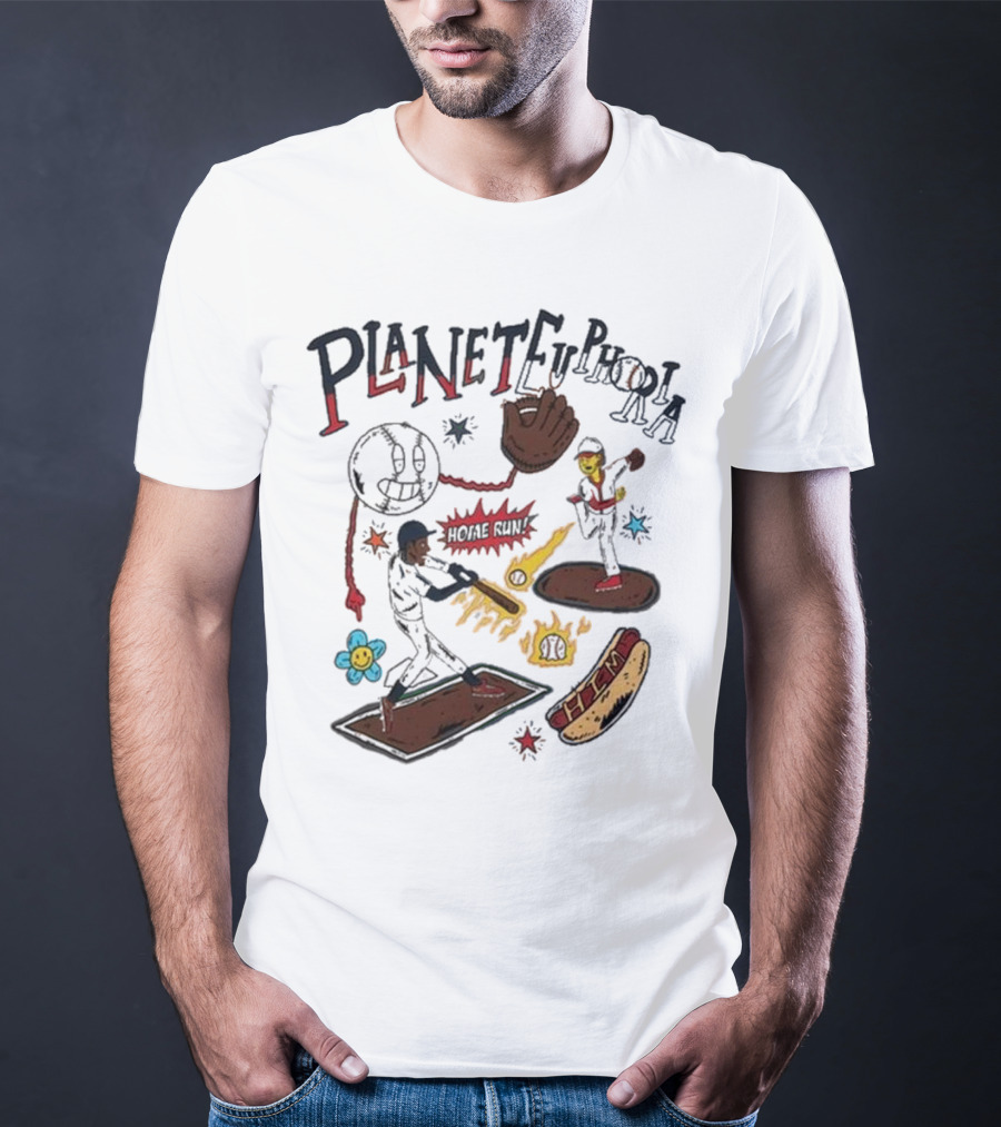 Planet Euphoria Baseball Home Run Hot Dog Illustration With Players And Glove T-Shirt