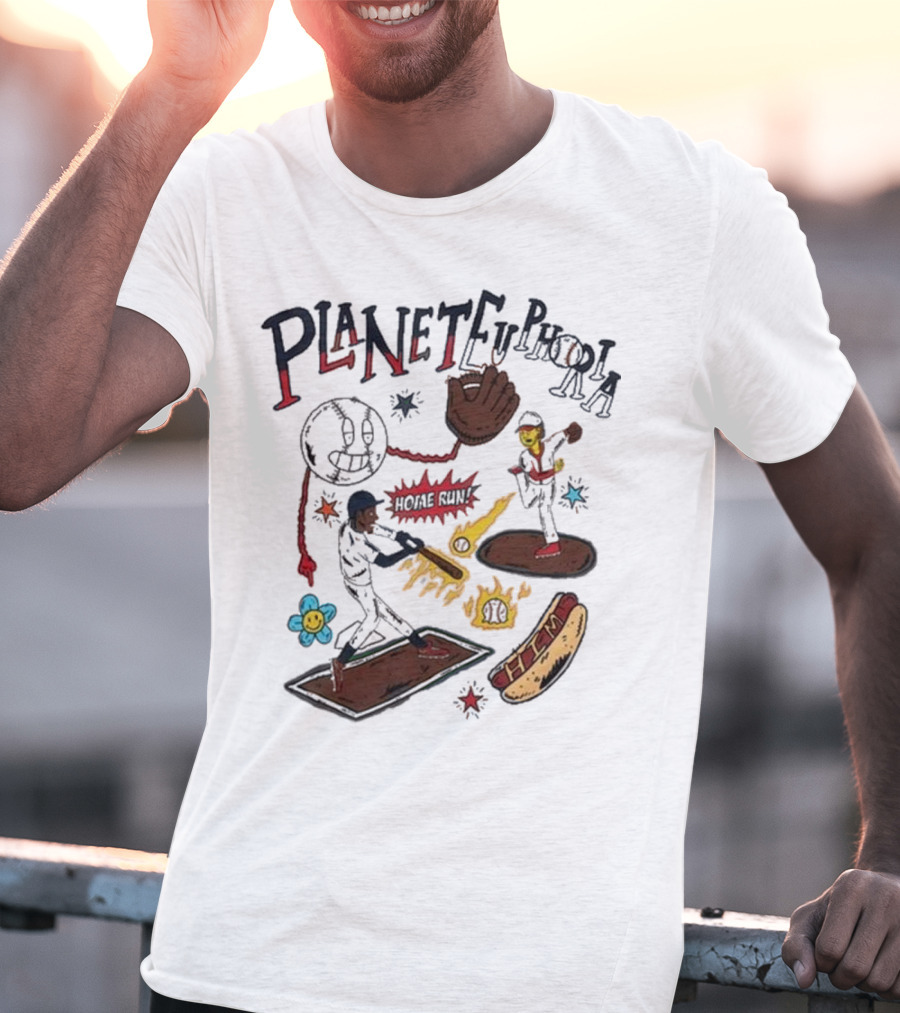 Planet Euphoria Baseball Home Run Hot Dog Illustration With Players And Glove T-Shirt