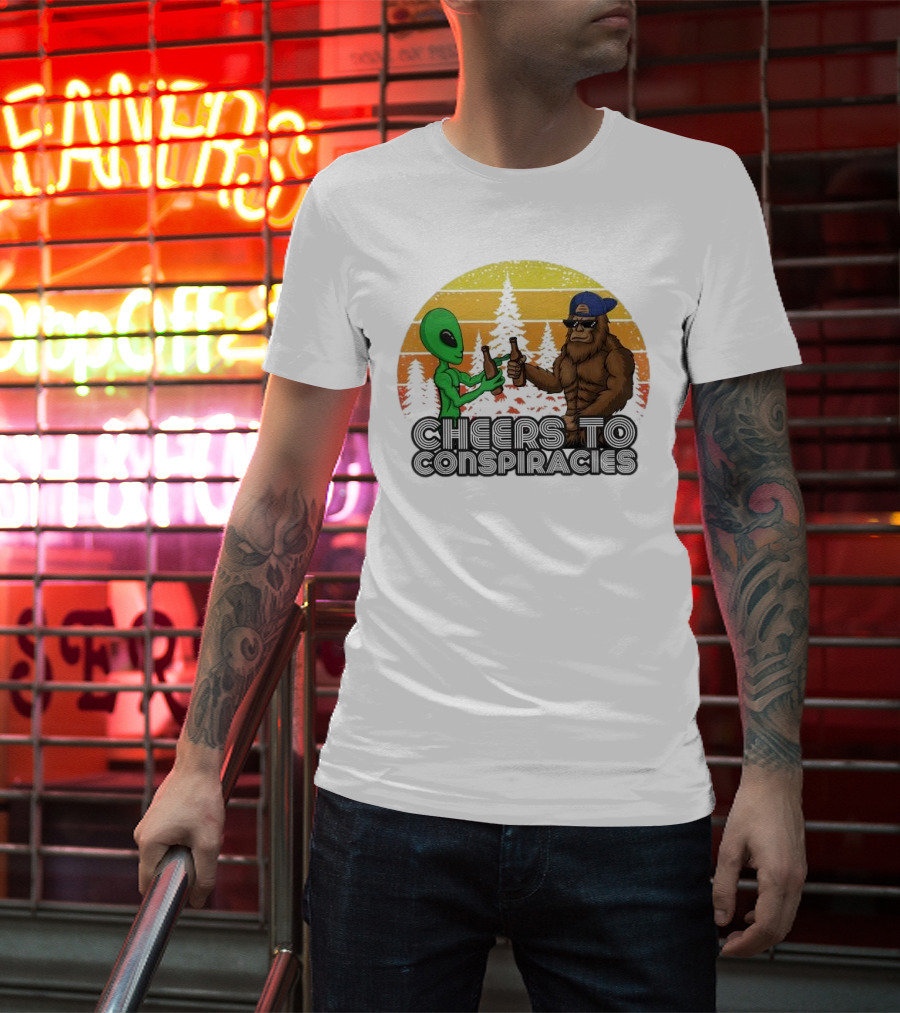 Alien And Bigfoot Cheers To Conspiracies In Retro Sunset Forest T-Shirt