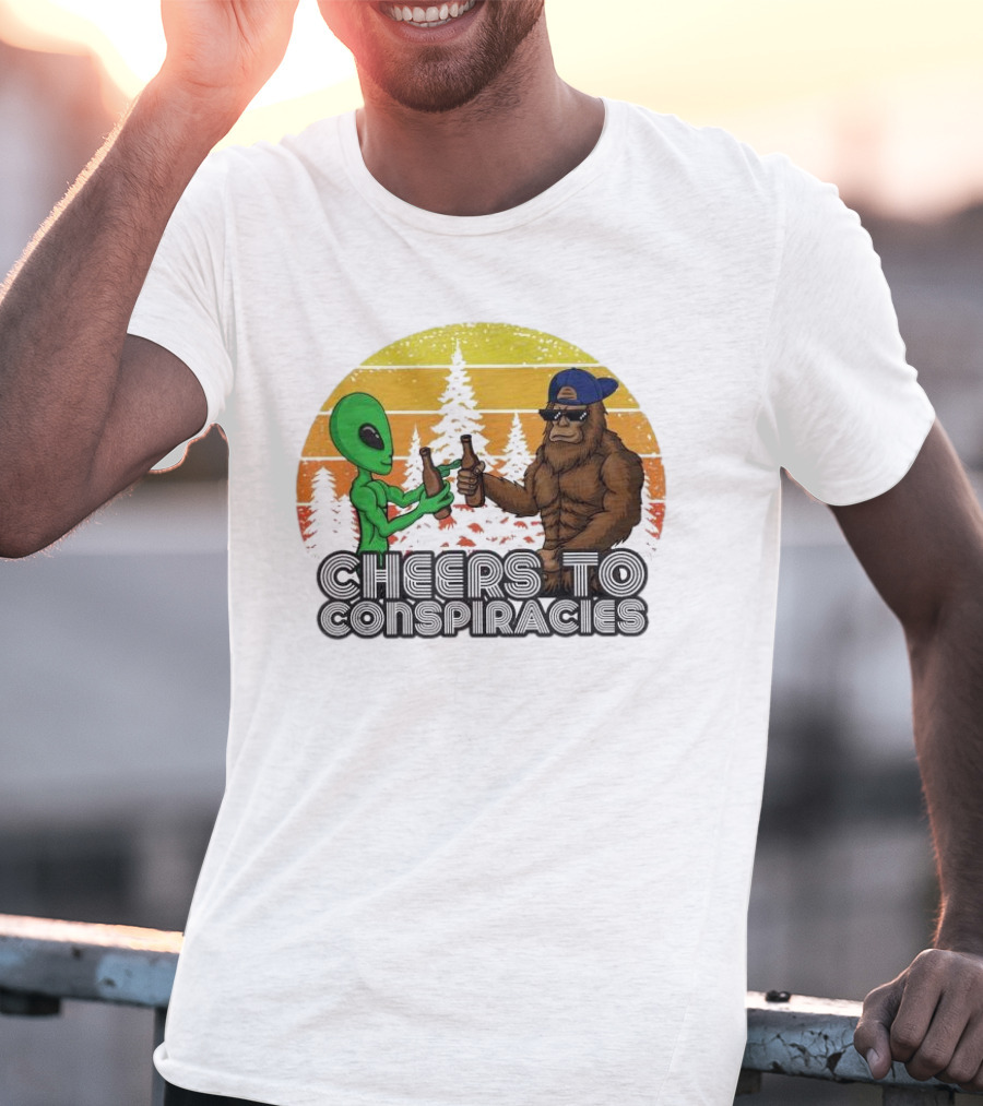 Alien And Bigfoot Cheers To Conspiracies In Retro Sunset Forest T-Shirt