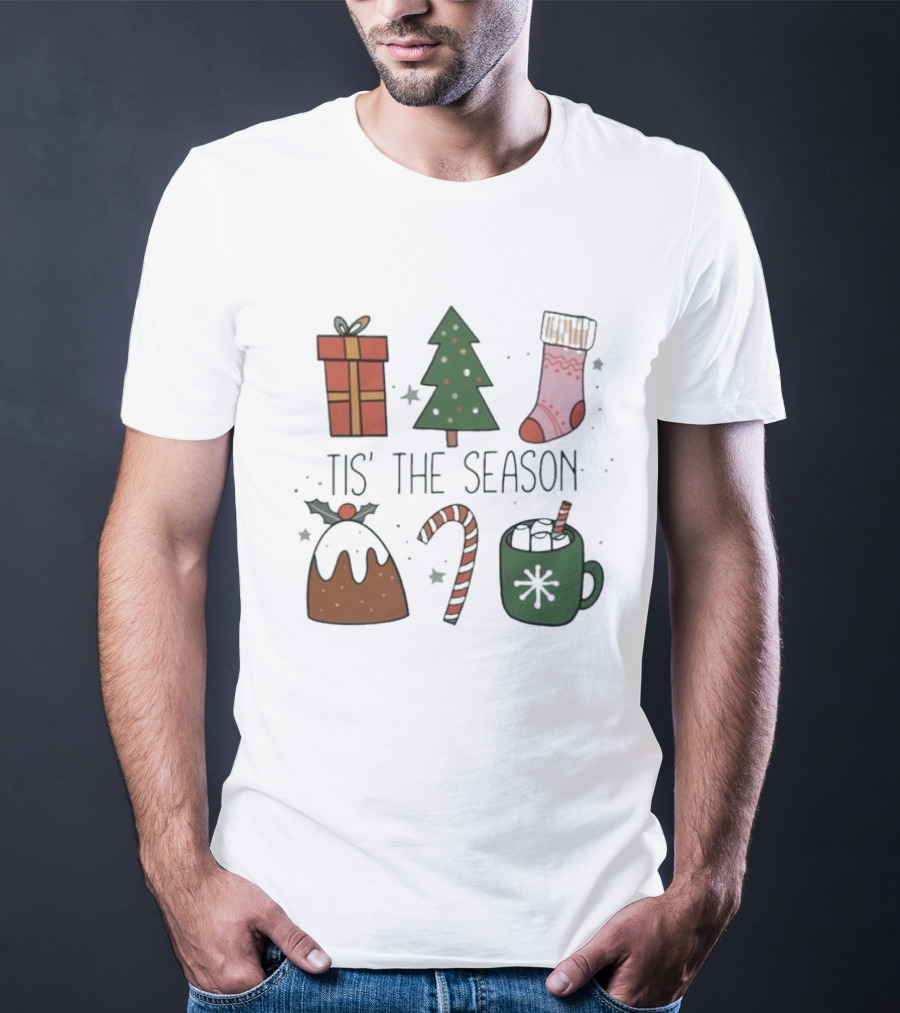 'Tis The Season Christmas Tree Stocking Gift Candy Cane Hot Chocolate T-Shirt