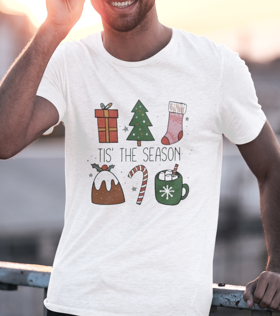 'Tis The Season Christmas Tree Stocking Gift Candy Cane Hot Chocolate T-Shirt