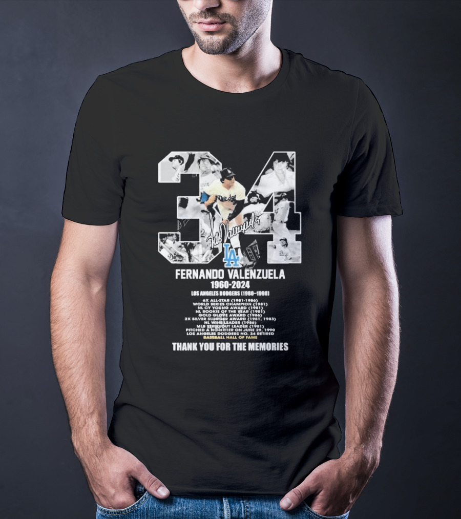 Fernando Valenzuela Los Angeles Dodgers 1980-1991 Baseball Hall Of Fame Thank You For The Memories 34 Signature T-Shirt