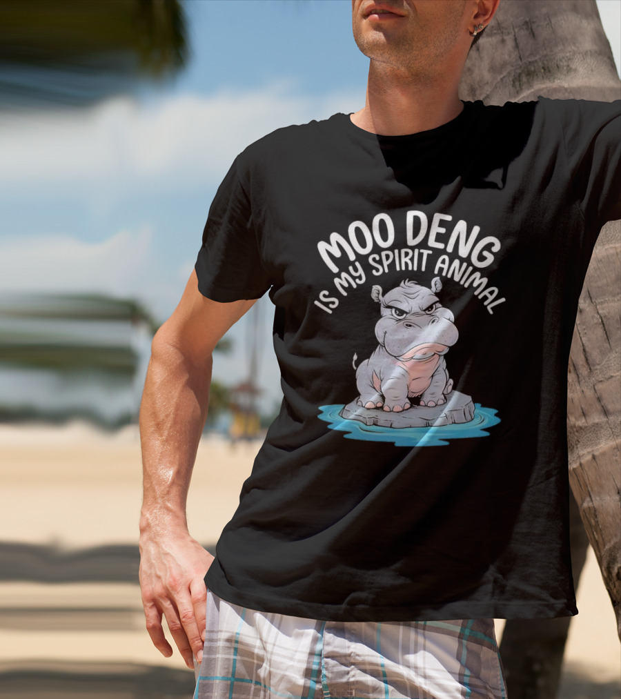 Moo Deng Is My Spirit Animal Cartoon Hippo On Rock In Water T-Shirt