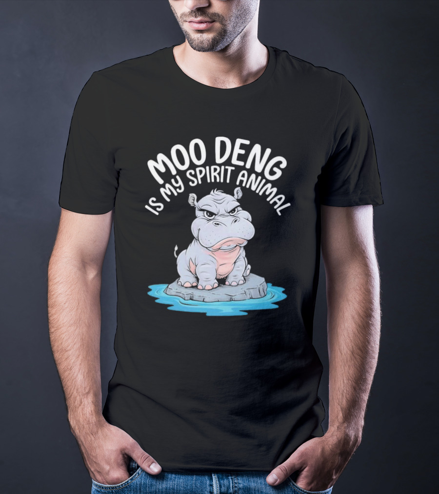 Moo Deng Is My Spirit Animal Cartoon Hippo On Rock In Water T-Shirt