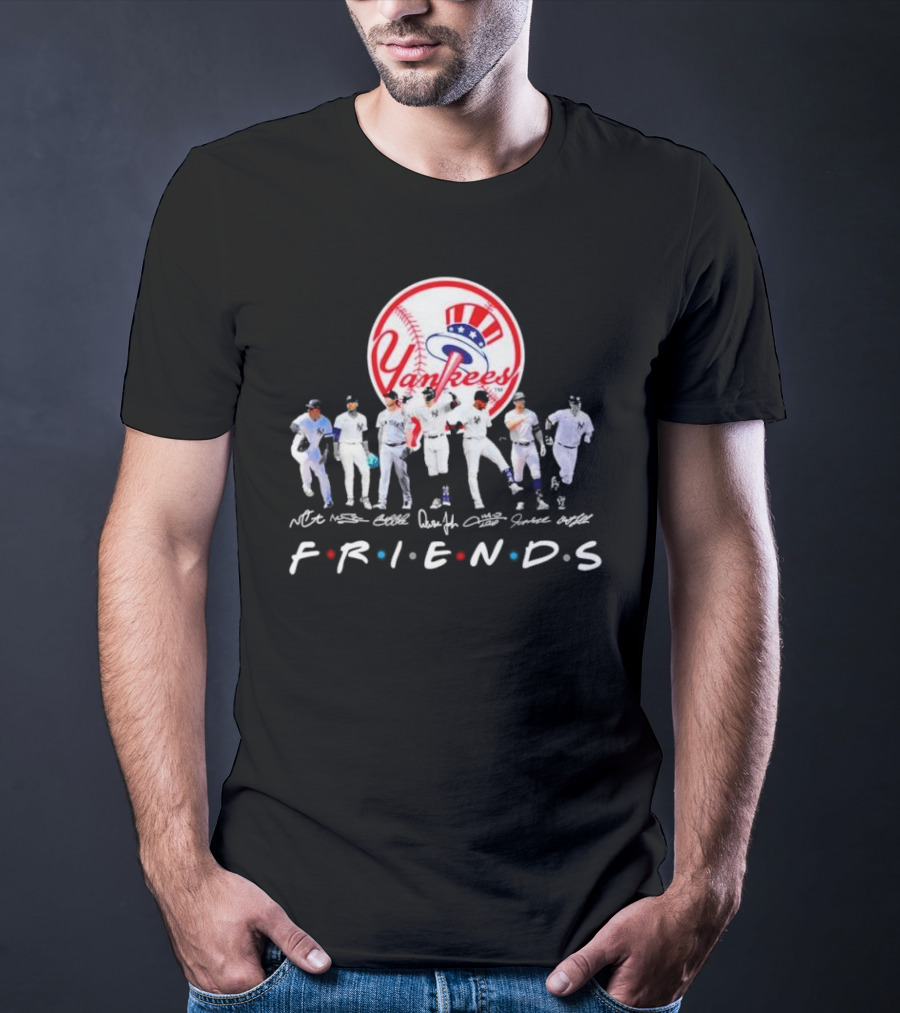 New York Yankees Friends TV Show Style Logo With Baseball Players Signatures T-Shirt