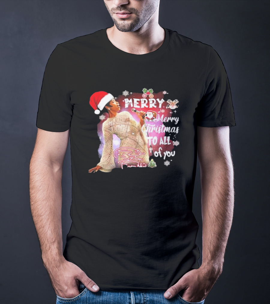 Aretha Franklin Merry Christmas To All Of You Santa Hat Snowflakes T-Shirt