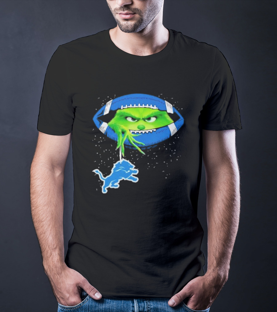 Grinch Holding Detroit Lions Logo Inside Football Christmas T-Shirt