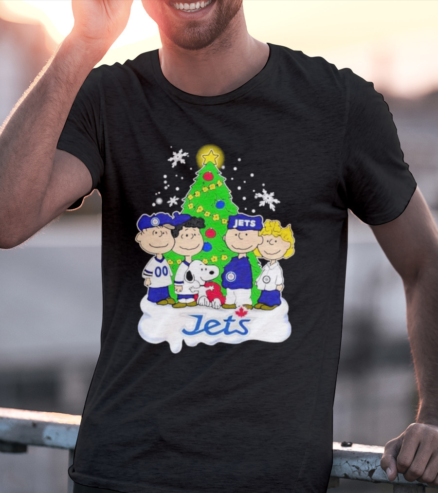 Winnipeg Jets Peanuts Characters Christmas Tree Snoopy Snowflakes T-Shirt