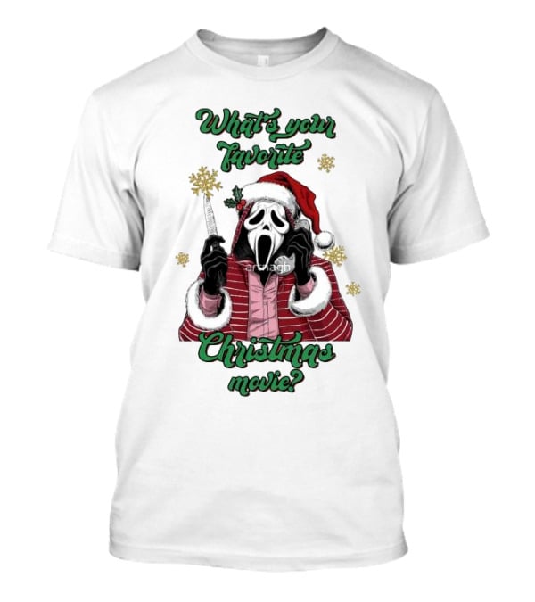 What’s Your Favorite Christmas Movie Santa Skeleton Ghost Face Costume T-Shirt