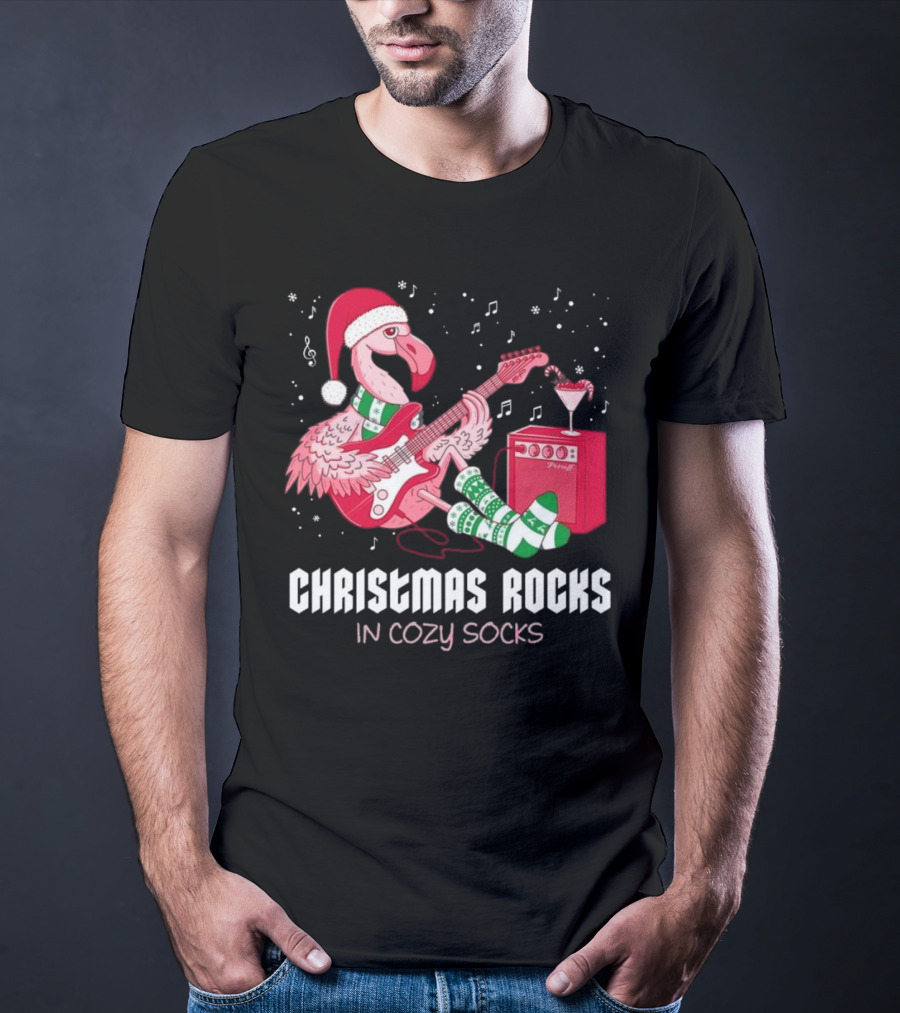 Christmas Rocks In Cozy Socks Flamingo Festive Vibes T-Shirt