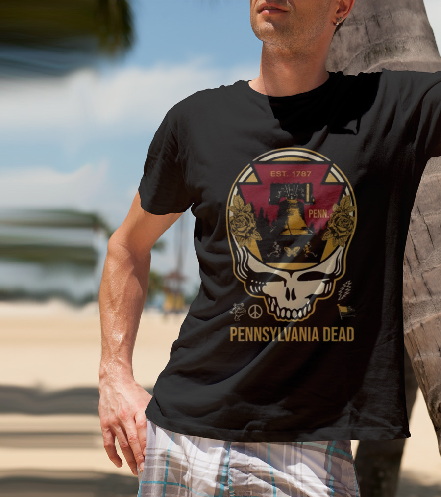 Pennsylvania Dead Est. 1787 Penn Skull With Liberty Bell And Roses T-Shirt