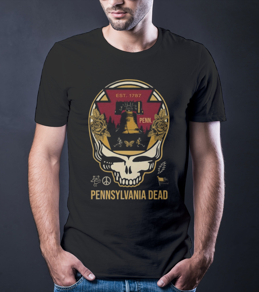 Pennsylvania Dead Est. 1787 Penn Skull With Liberty Bell And Roses T-Shirt