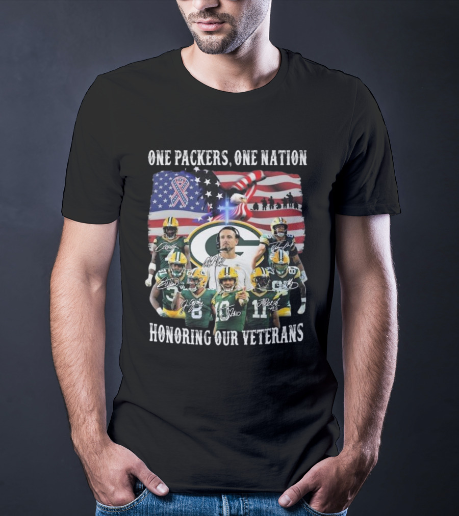 One Packers One Nation Honoring Our Veterans Green Bay Packers Flag Signatures T-Shirt