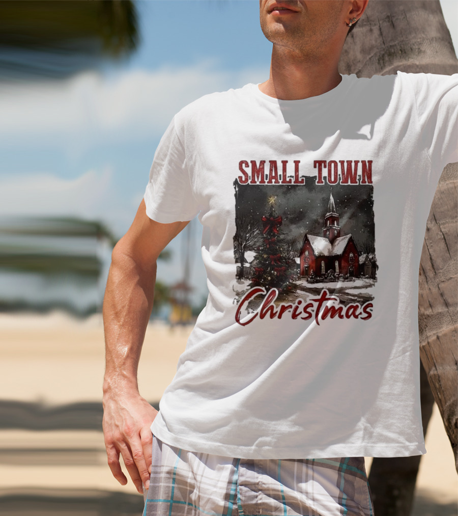 Vintage Retro Small Town Christmas Church Scene T-Shirt