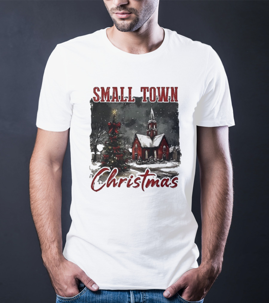 Vintage Retro Small Town Christmas Church Scene T-Shirt