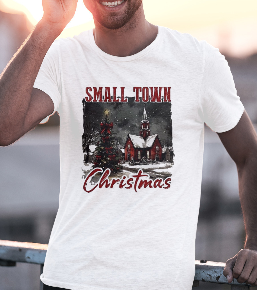 Vintage Retro Small Town Christmas Church Scene T-Shirt