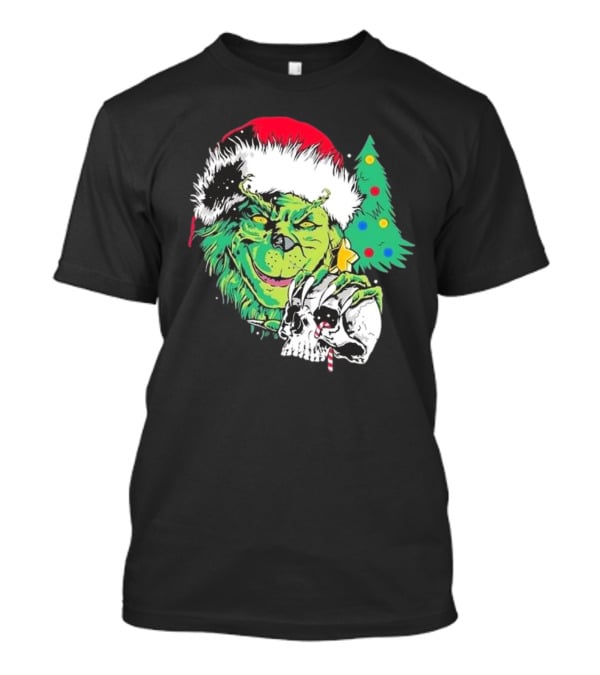 Grinch Santa Hat Skull Christmas Tree Scene T-Shirt