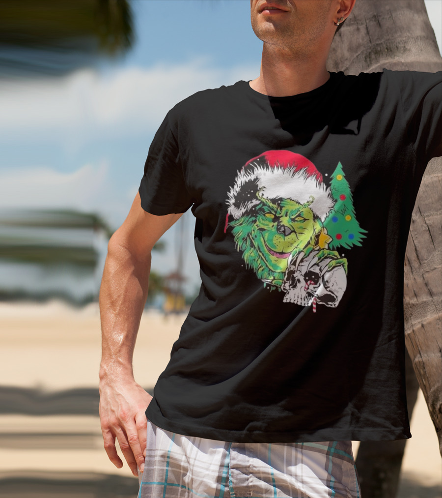 Grinch Santa Hat Skull Christmas Tree Scene T-Shirt