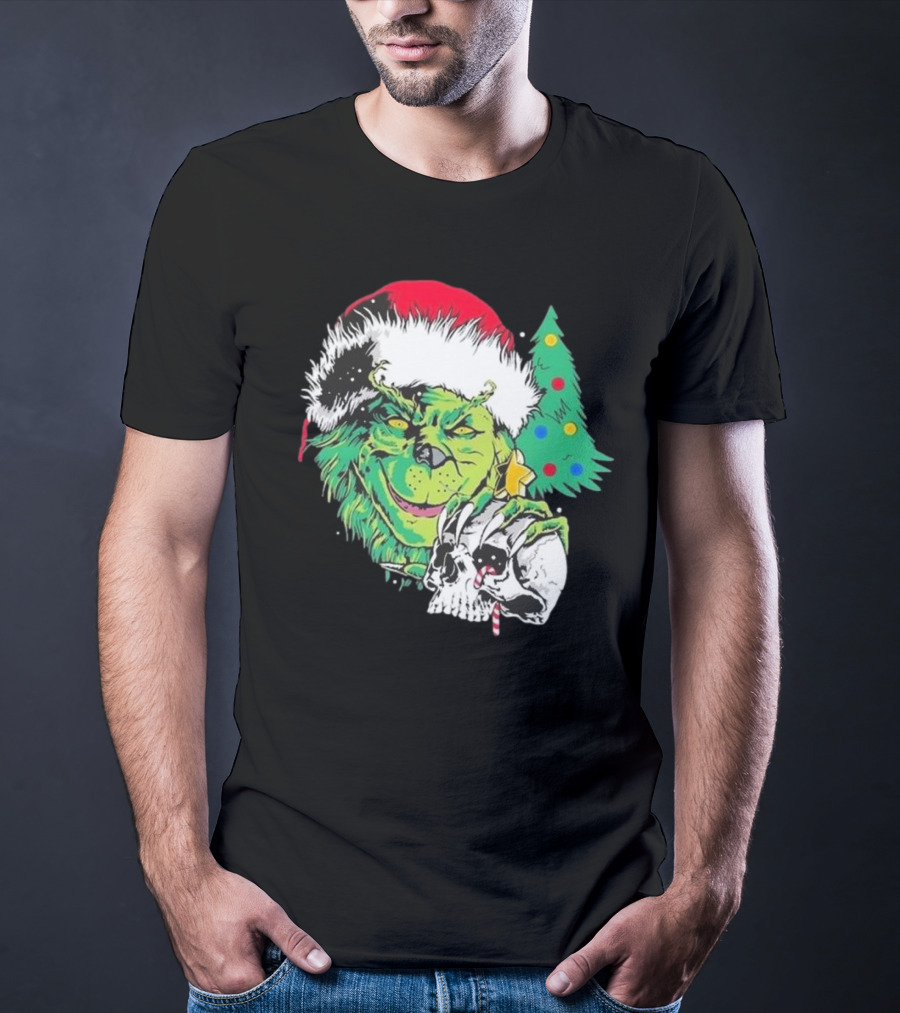 Grinch Santa Hat Skull Christmas Tree Scene T-Shirt