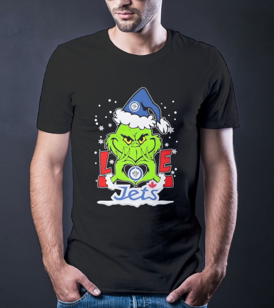 Grinch Heart Hands Love Winnipeg Jets Christmas Santa Hat Snowflakes T-Shirt