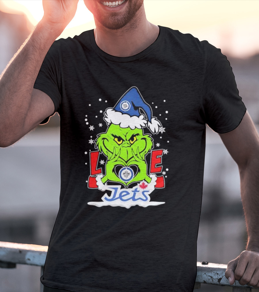 Grinch Heart Hands Love Winnipeg Jets Christmas Santa Hat Snowflakes T-Shirt